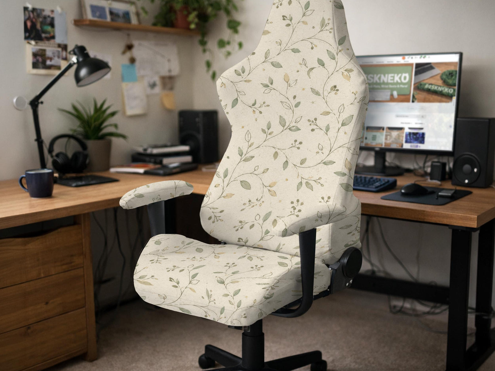 An ivory chair cover set with a subtle vine pattern shown on a black gaming chair, including cover options for the chair back, seat, and armrests.