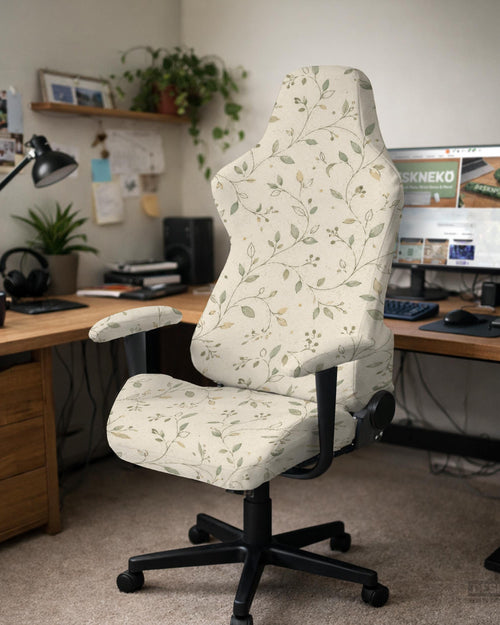 An ivory chair cover set with a subtle vine pattern shown on a black gaming chair, including cover options for the chair back, seat, and armrests.