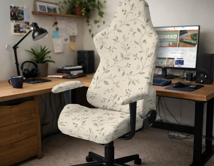 An ivory chair cover set with a subtle vine pattern shown on a black gaming chair, including cover options for the chair back, seat, and armrests.