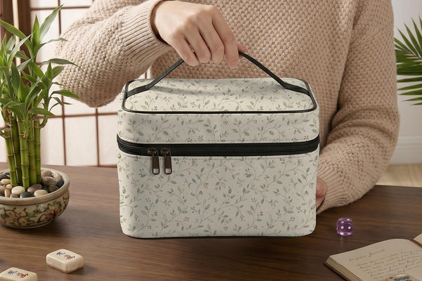 A beige Mahjong tile carrier bag with a sage green leaf pattern, zipper closure, and a top carry handle.