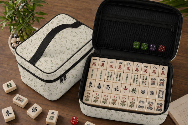 Green Mahjong tile carrier bag with a sage leaf botanical pattern, zipper closure, and top handle.