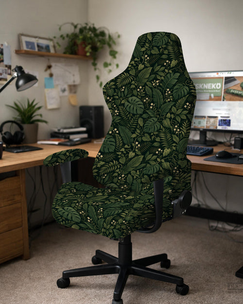 Black and green tropical leaf print chair cover shown on a high back swivel chair with armrests.