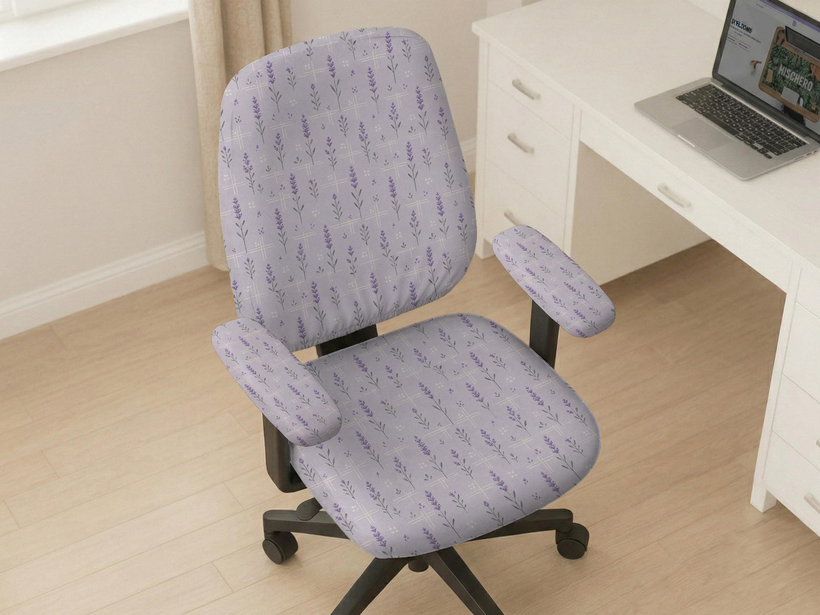 Lavender floral office chair cover with a light neutral background and small purple flower pattern.