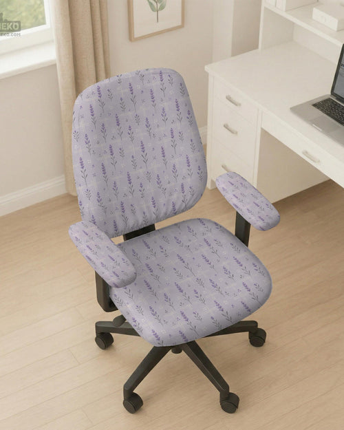 Lavender floral office chair cover with a light neutral background and small purple flower pattern.