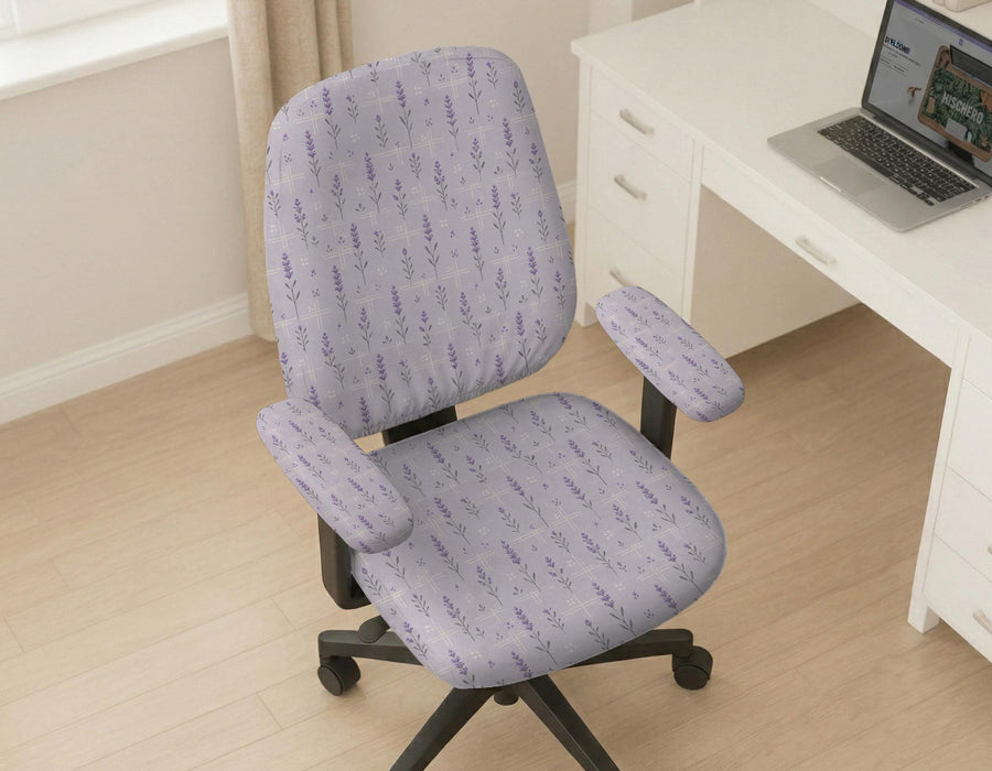 Lavender floral office chair cover with a light neutral background and small purple flower pattern.