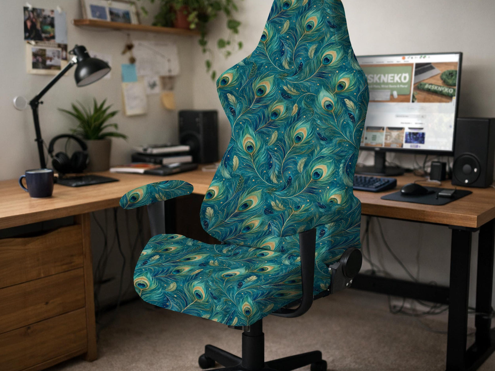 A blue green chair cover with a peacock feather design shown on an office chair with armrests.
