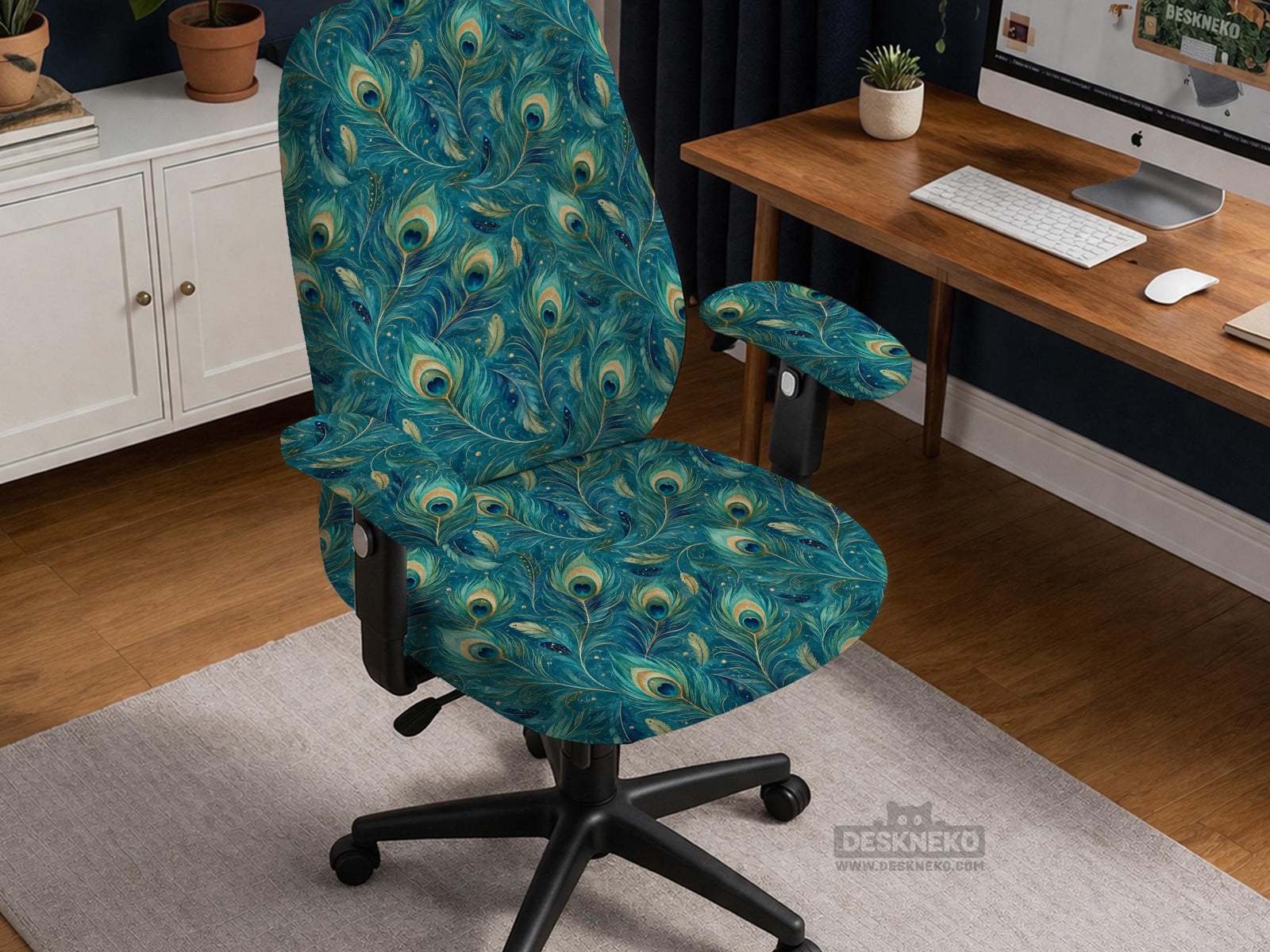 Blue green chair cover with a peacock feather pattern shown on an office chair, with fitted stretch fabric and armrest coverage visible in the listing image.