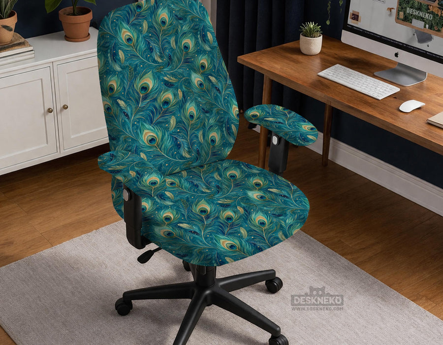 Blue green chair cover with a peacock feather pattern shown on an office chair, with fitted stretch fabric and armrest coverage visible in the listing image.