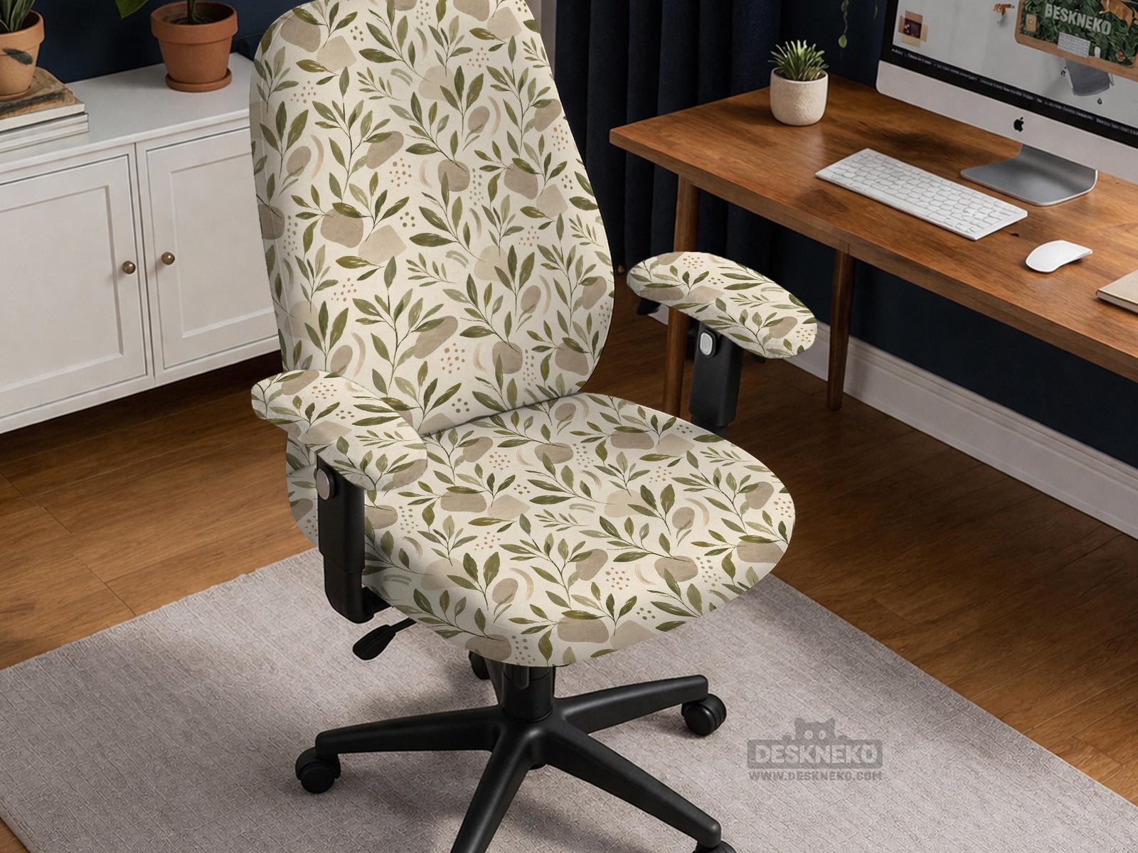 Sage and cream leaf print chair covers shown as full chair cover, back and seat cover, seat cover, and armrest covers for a high back desk chair.