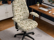 Sage and cream leaf print chair covers shown as full chair cover, back and seat cover, seat cover, and armrest covers for a high back desk chair.