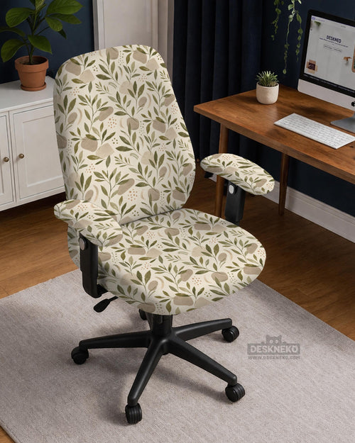 Sage and cream leaf print chair covers shown as full chair cover, back and seat cover, seat cover, and armrest covers for a high back desk chair.