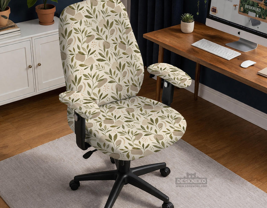 Sage and cream leaf print chair covers shown as full chair cover, back and seat cover, seat cover, and armrest covers for a high back desk chair.