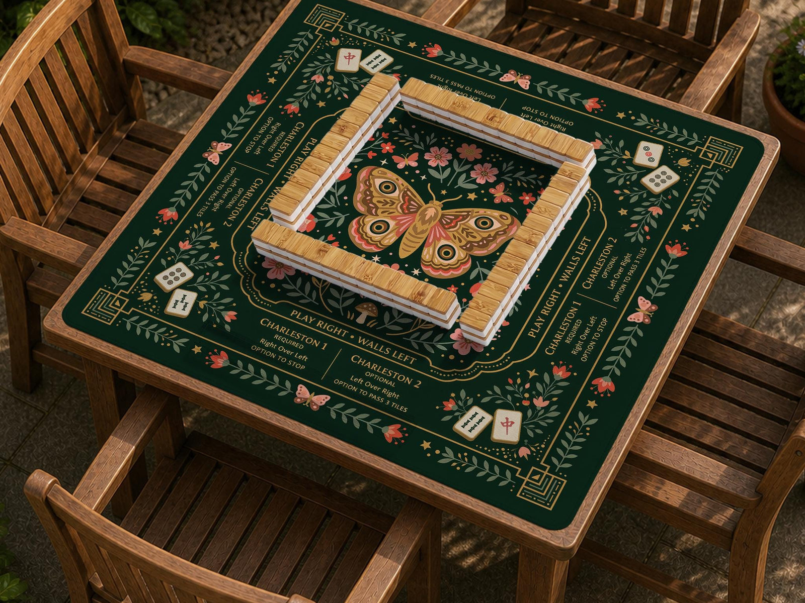 A square forest green mahjong mat with a warm gold border, coral flowers, butterfly artwork, and small rules text printed on the surface.