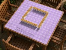 Purple gingham mahjong mat with a lavender checker pattern, tiny hearts and flowers, and a clean center area.