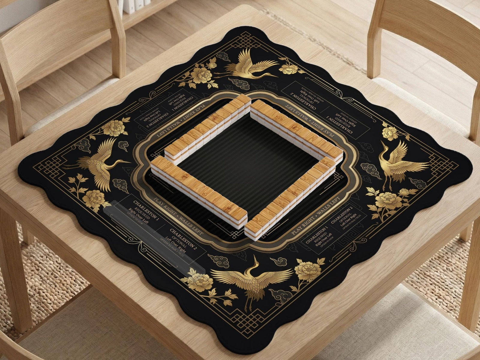 Square black and gold mahjong table mat with a crane, floral border, and printed American Mahjong rules around the edges.
