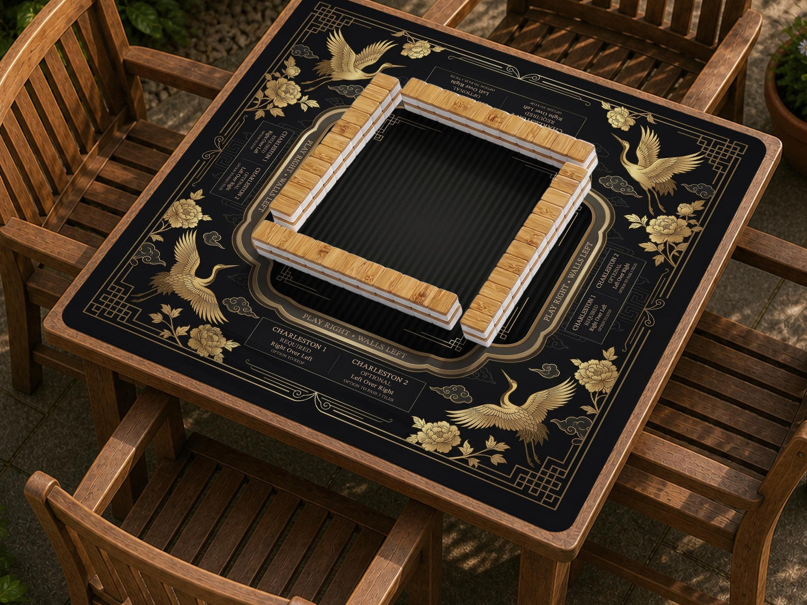 Black mahjong mat with gold crane and floral border artwork and small rule text around the edges.