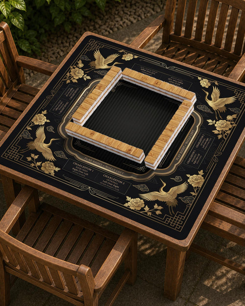 Black mahjong mat with gold crane and floral border artwork and small rule text around the edges.
