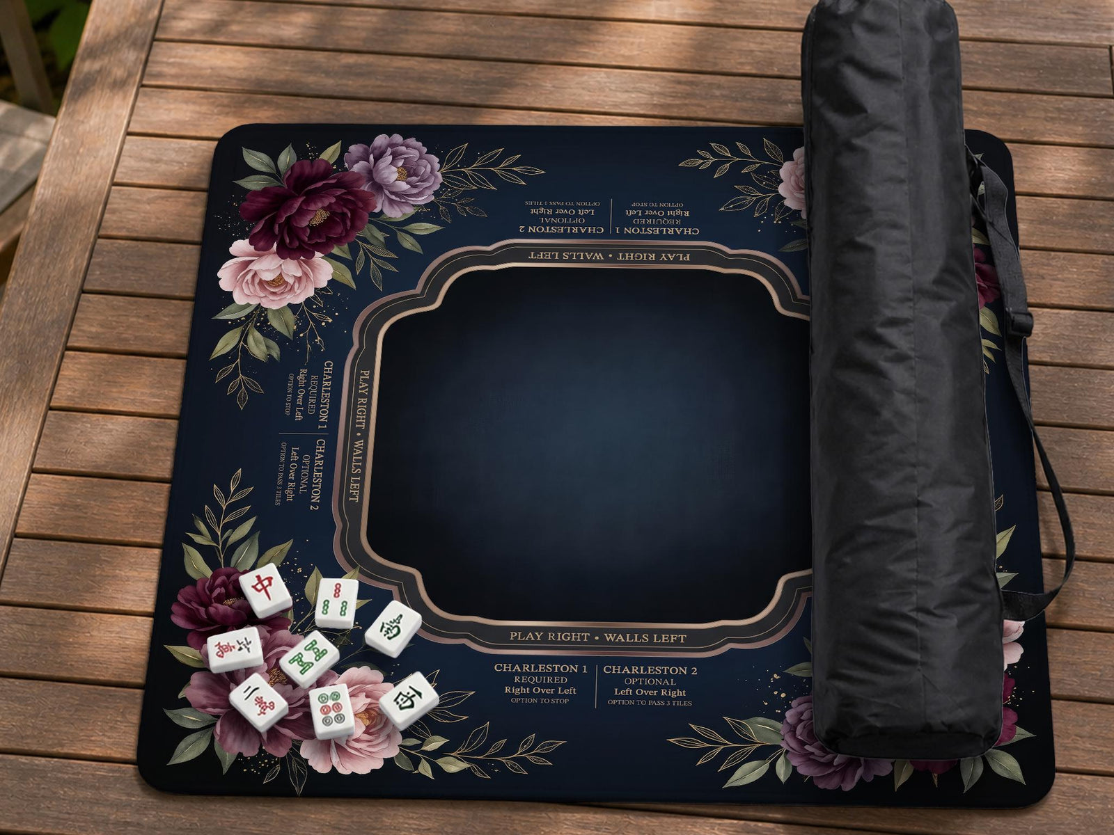 A square mahjong mat with peony flowers and printed American mahjong instructions around the edges.