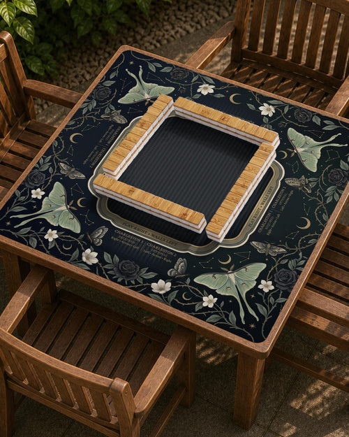 Dark floral mahjong mat with luna moths, moons, and star details in a celestial design.