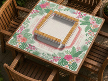 Cream mahjong mat with coral pink hibiscus flowers, green palm leaves, and printed rule zones.