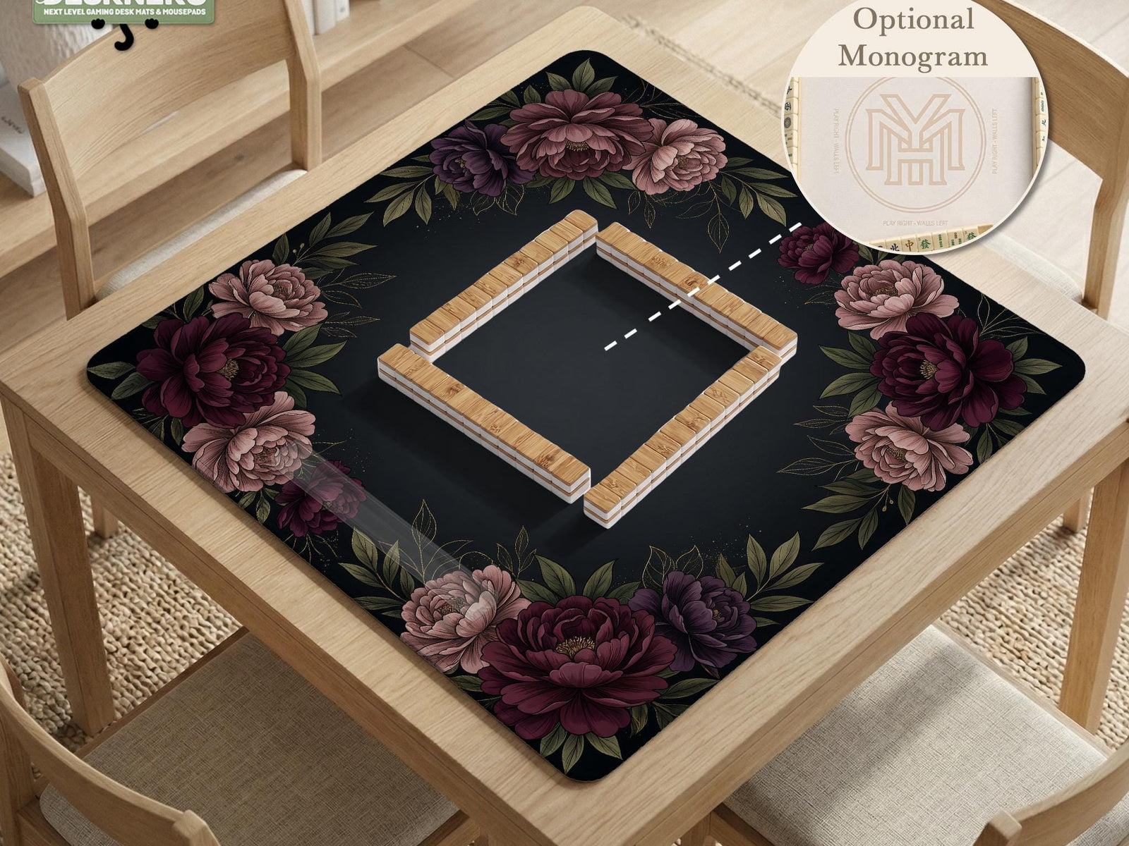 A square mahjong mat with a black background, burgundy peony flowers, and a botanical border around the edges.
