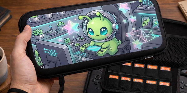 A Switch carrying case design with a cute green alien at a gaming desk, glowing cyan lights, and pastel stars on a dark background.