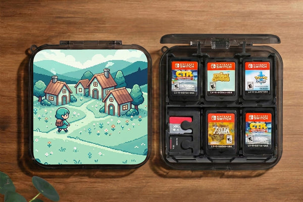 Teal carrying case with a pixel-style village scene, small houses, layered mountains, flowers, and a retro game-inspired landscape design.