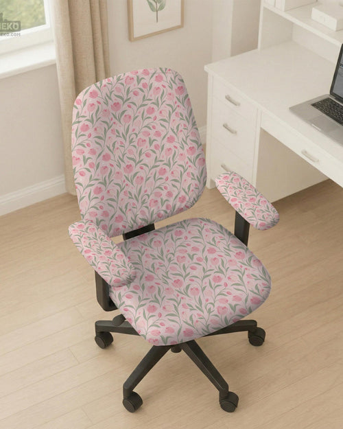 Pink chair cover with a tulip floral print shown as a desk chair slipcover, with armrest covers and size options.