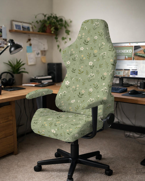 Green chair cover with a sage floral botanical print shown on a high-back gaming chair and office chair.