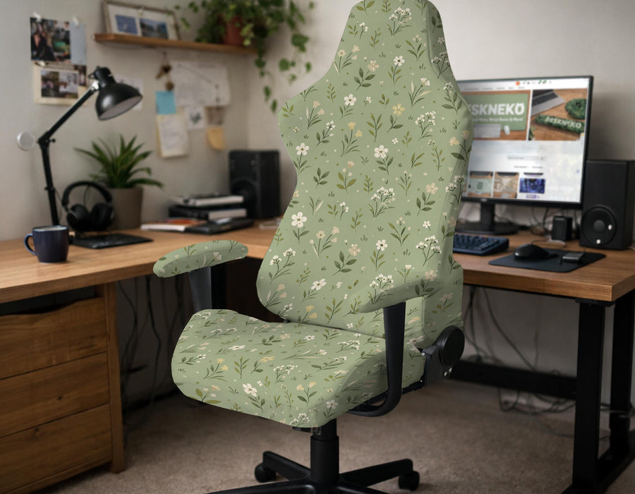 Green chair cover with a sage floral botanical print shown on a high-back gaming chair and office chair.