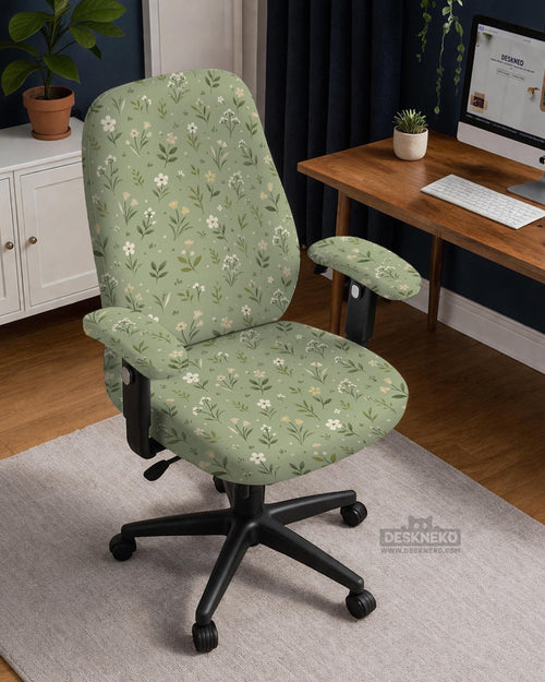 Sage green chair cover with a small floral print shown on a desk chair with a high back.