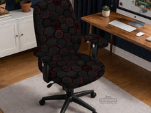 Black chair cover with a dark red geometric pattern shown on an office chair, with a fitted stretch look.