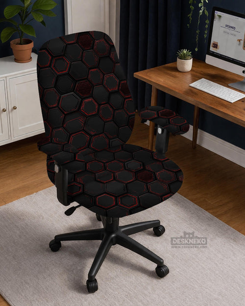Black chair cover with a dark red geometric pattern shown on an office chair, with a fitted stretch look.
