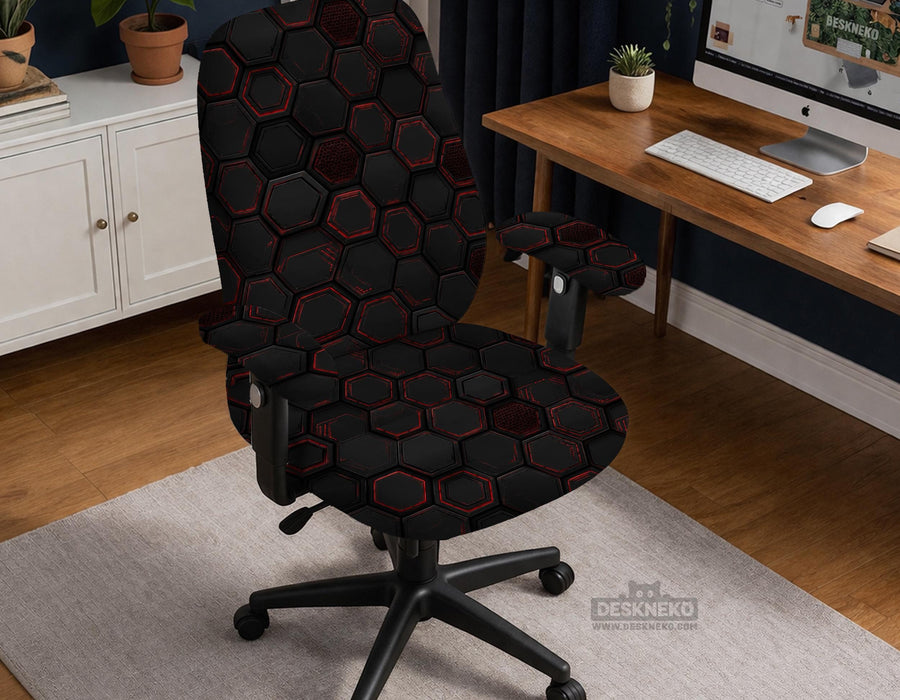 Black chair cover with a dark red geometric pattern shown on an office chair, with a fitted stretch look.