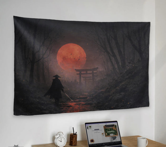 Samurai red moon wall tapestry decor