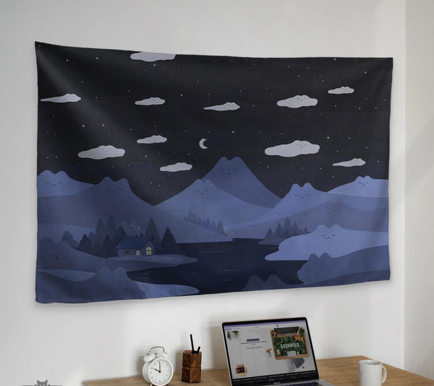 Navy cat hills wall tapestry cozy night landscape