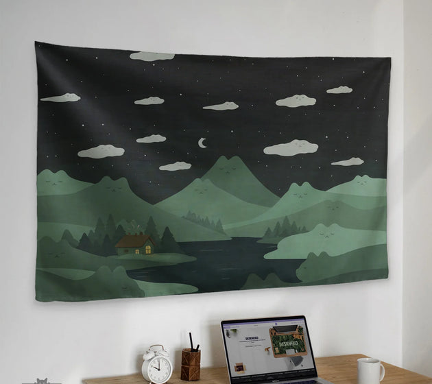 Green cat hills wall tapestry cozy night landscape