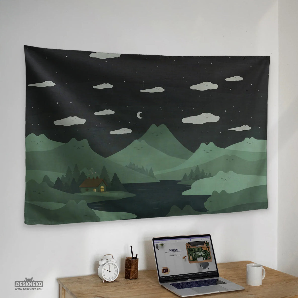 Green cat hills wall tapestry cozy night landscape