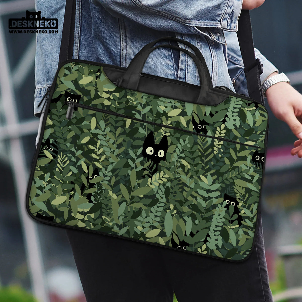 Botanical cat laptop sleeve & bag, forest green aesthetic case