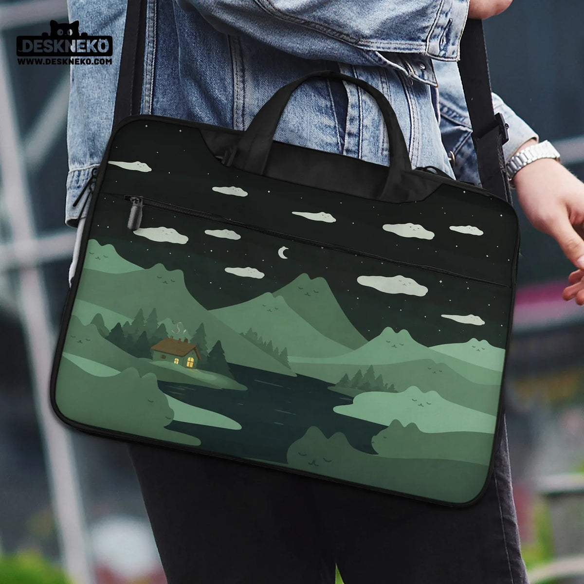 Green cat mountains laptop sleeve & bag