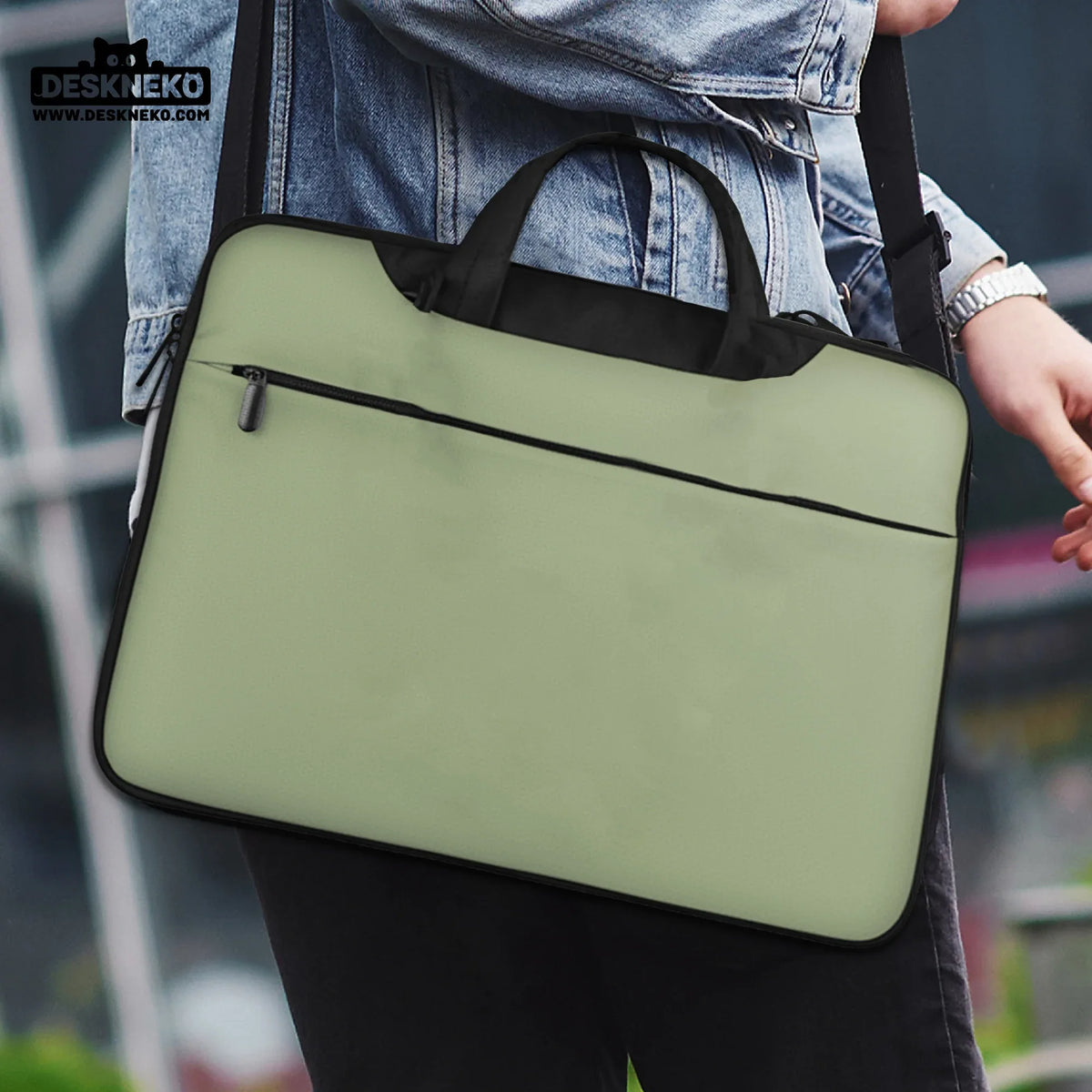 Sage green laptop bag with shoulder strap & handle