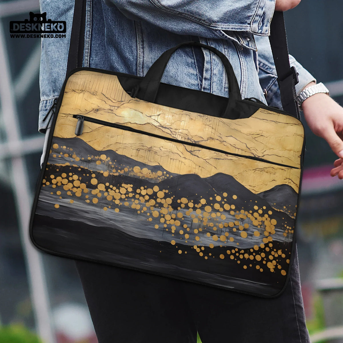 Gold japandi laptop bag with shoulder strap