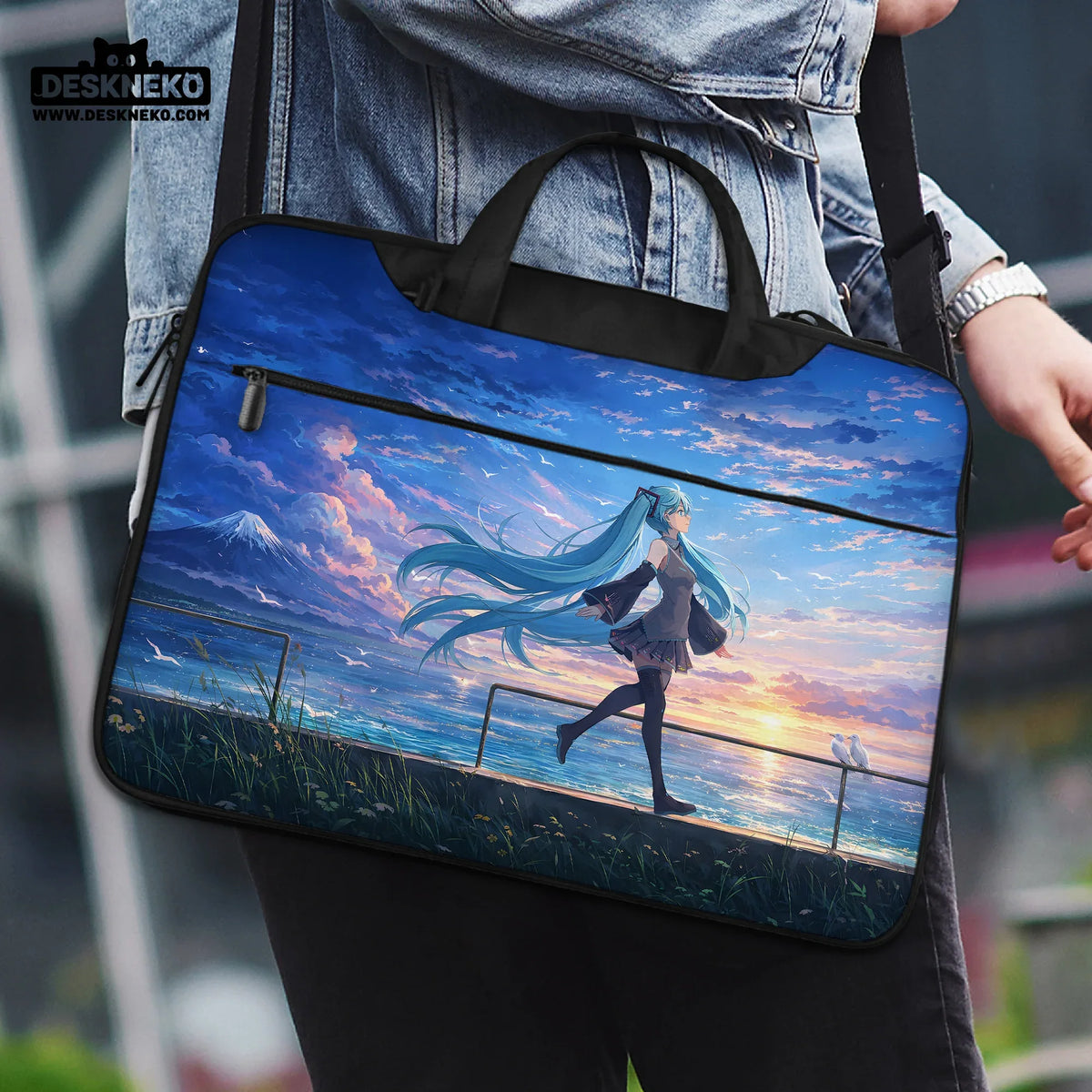 Blue anime laptop sleeve with handle