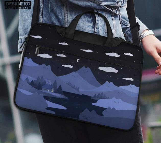 Whimisical blue cat mountains laptop sleeve & bag
