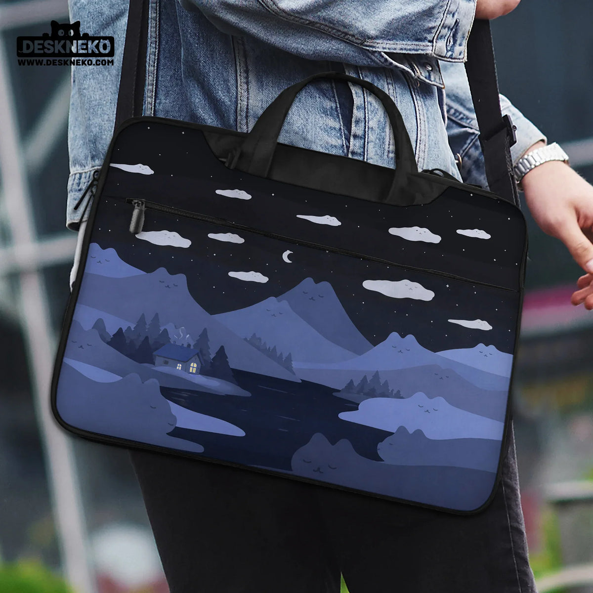 Whimisical blue cat mountains laptop sleeve & bag