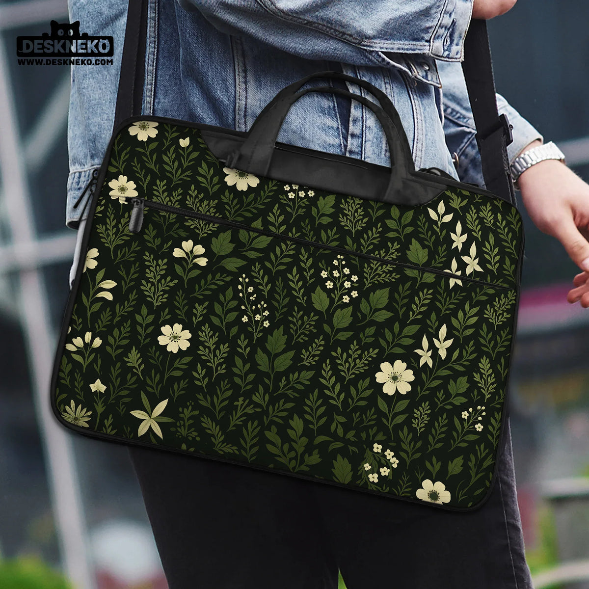 Botanical laptop sleeve & bag with dark green floral pattern
