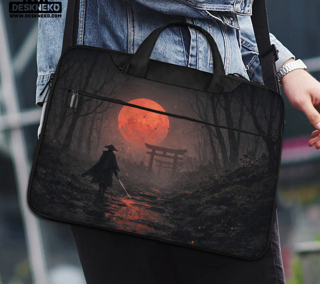 Samurai red moon laptop sleeve & bag with handle and shoulder strap