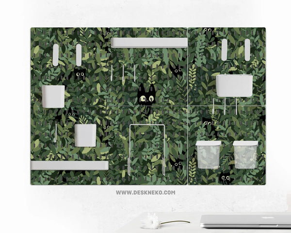 Botanical cat desk pegboard organizer, forest green workspace storage