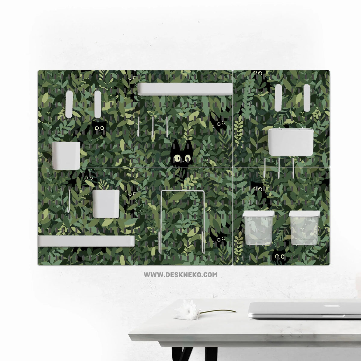 Botanical cat desk pegboard organizer, forest green workspace storage