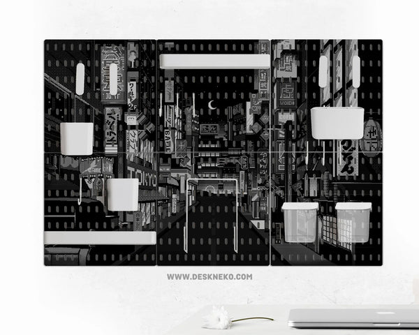 Tokyo night pixel pegboard organizer, cyberpunk wall storage
